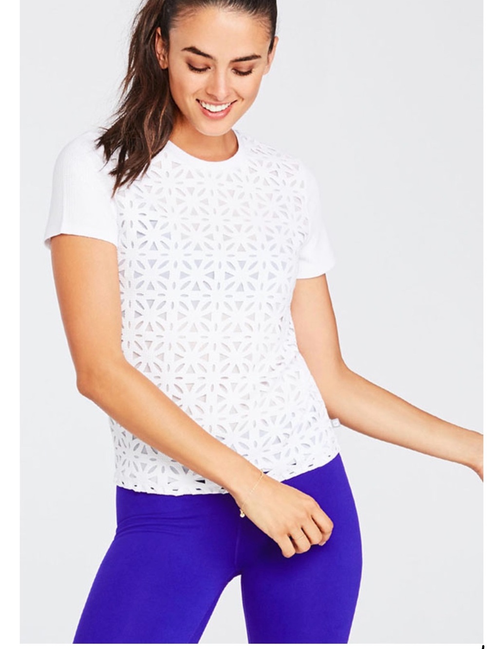 Fabletics **JORDAN White Laser-Cut Short Sleeve Tee with Crew Neck